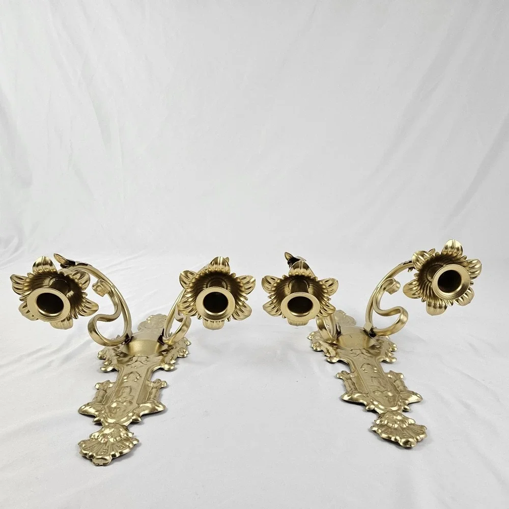 Hollywood Regency Candle Wall Sconces Double Arm Ornate Gold Cast Metal Louis XV